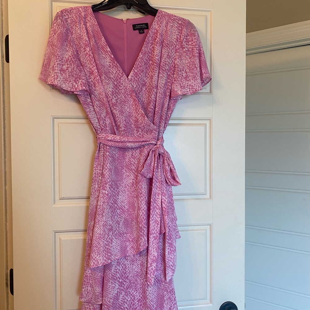 Tahari ASL Pink Snakeskin Print Flutter Sleeve Wrap Midi Dress